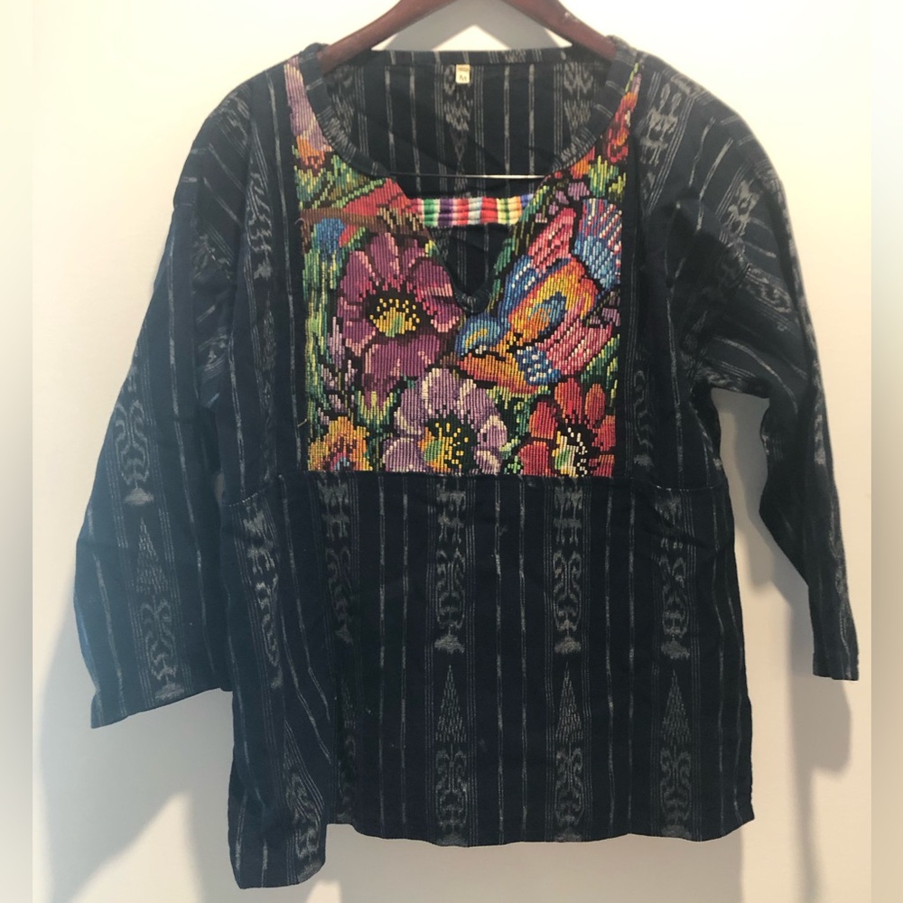 Handwoven Black Boho Embroidered Floral Women's Top